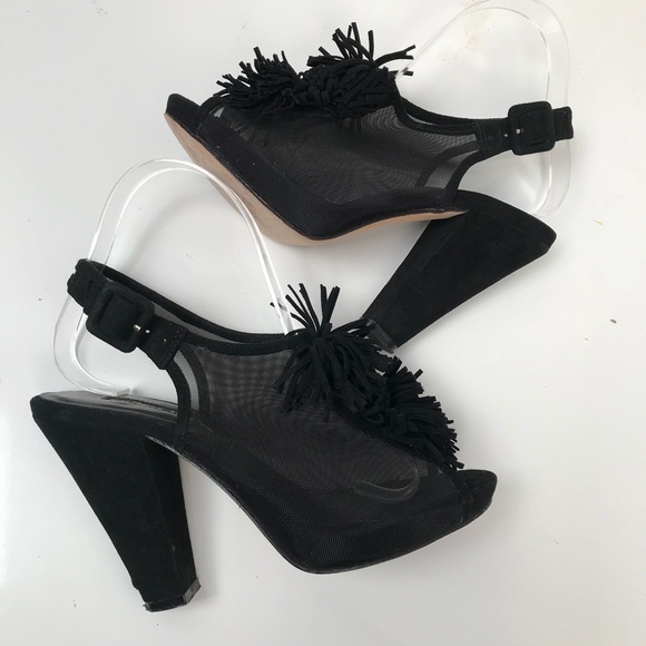 Reed Evins sz 6 black suede fringe Pom Pom heels - Picture 3 of 9